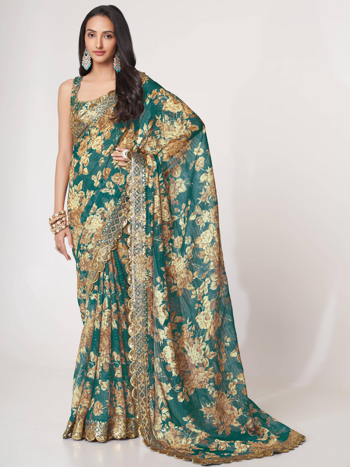 Gorgeous Teal Blue Floral Print Organza Classic Saree With Blouse