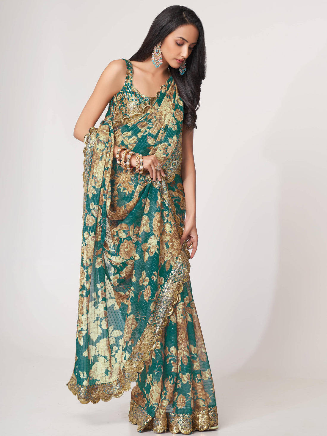 Gorgeous Teal Blue Floral Print Organza Classic Saree With Blouse