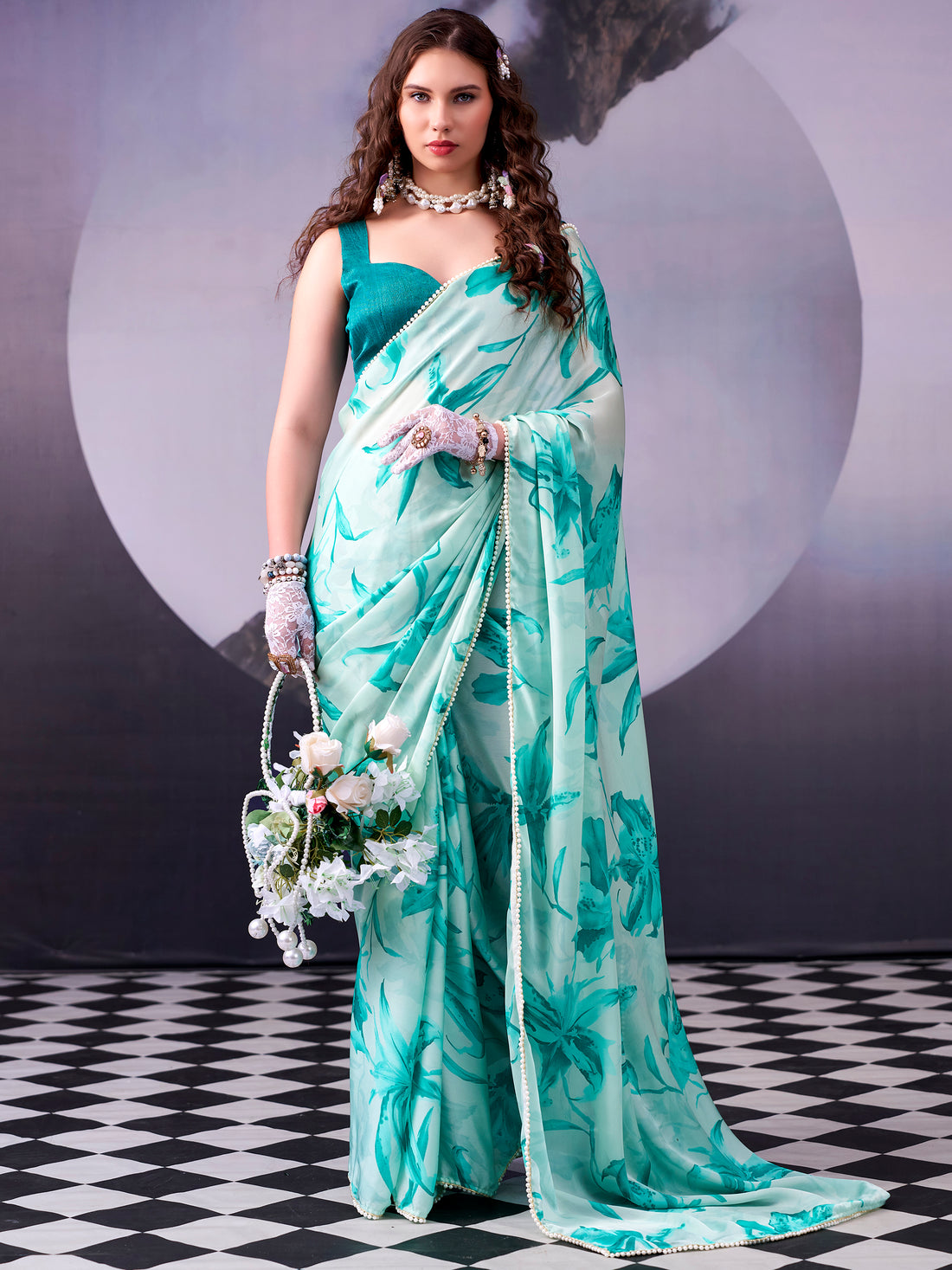 Fantastic Teal Blue Floral Printed Satin Festival Wear Saree With Blouse