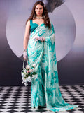 Fantastic Teal Blue Floral Printed Satin Festival Wear Saree With Blouse