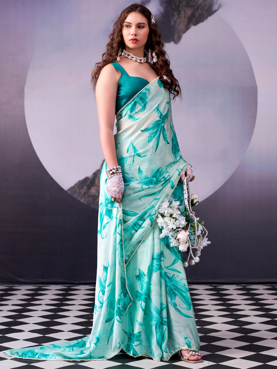 Fantastic Teal Blue Floral Printed Satin Festival Wear Saree With Blouse