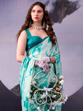 Fantastic Teal Blue Floral Printed Satin Festival Wear Saree With Blouse