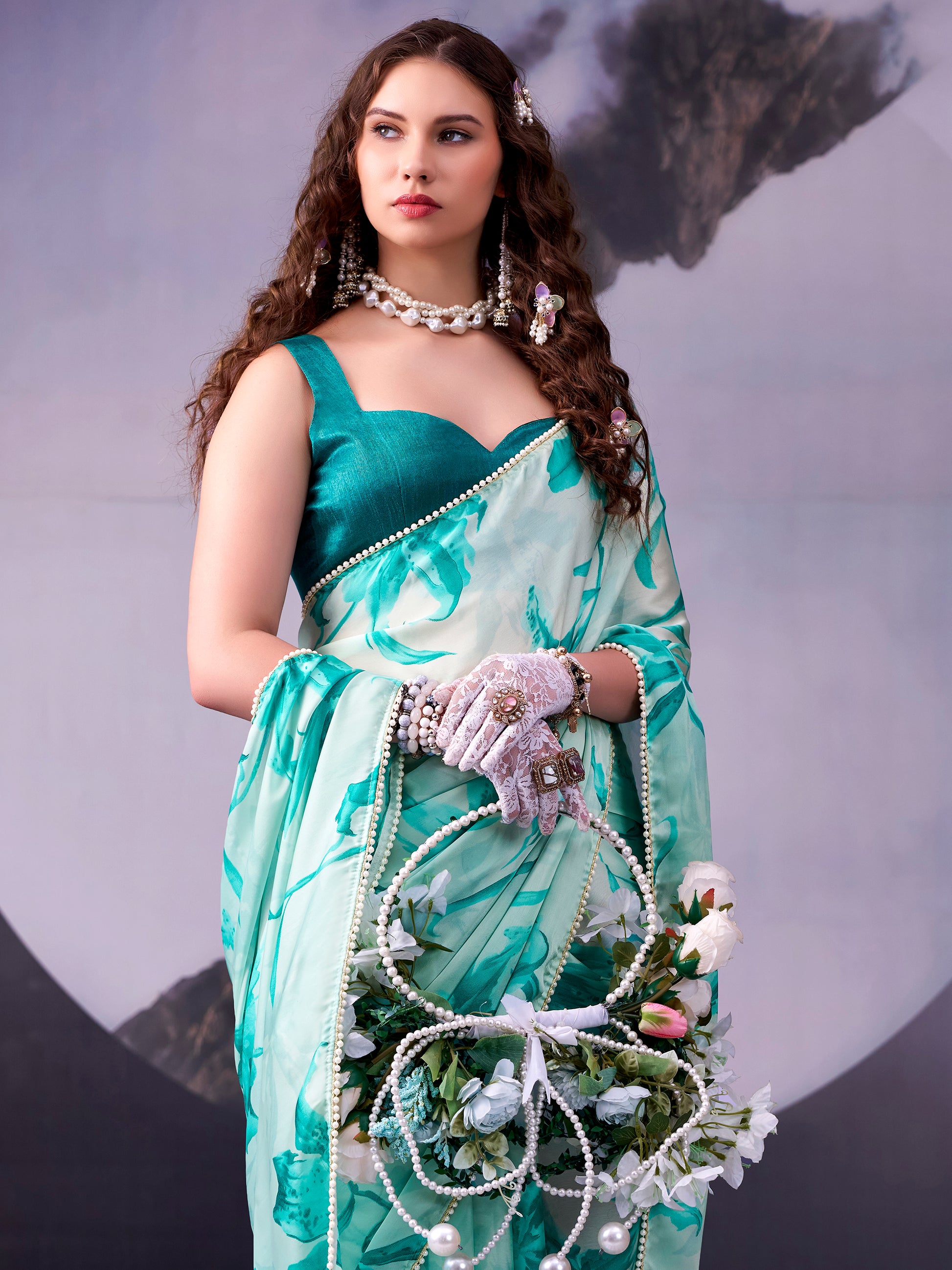 Fantastic Teal Blue Floral Printed Satin Festival Wear Saree With Blouse