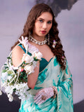 Fantastic Teal Blue Floral Printed Satin Festival Wear Saree With Blouse