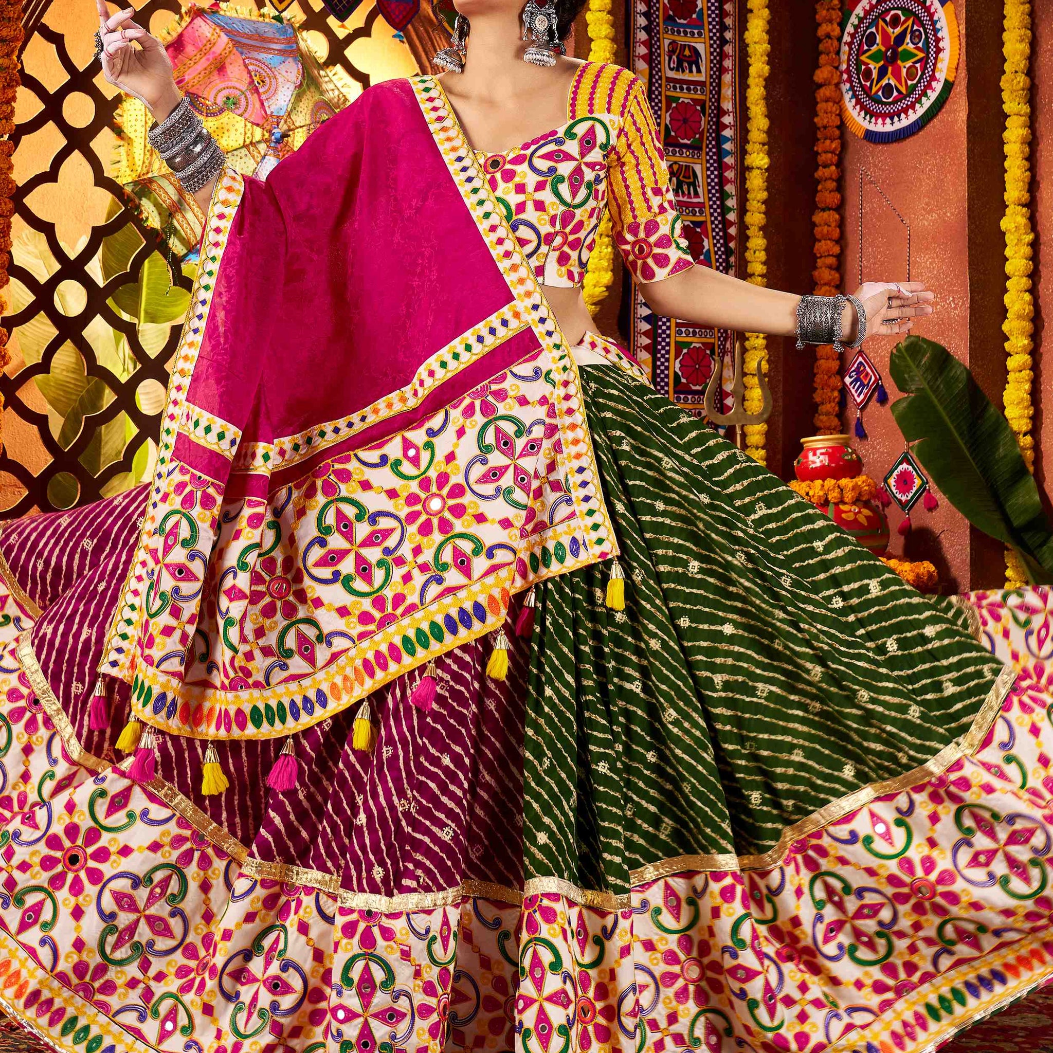 Splendid Multi-Color Thread Embroidery Cotton Navratri Special Lehenga Choli