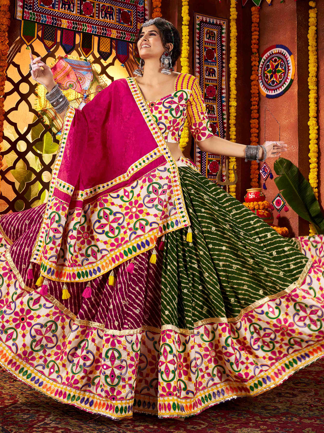 Splendid Multi-Color Thread Embroidery Cotton Navratri Special Lehenga Choli