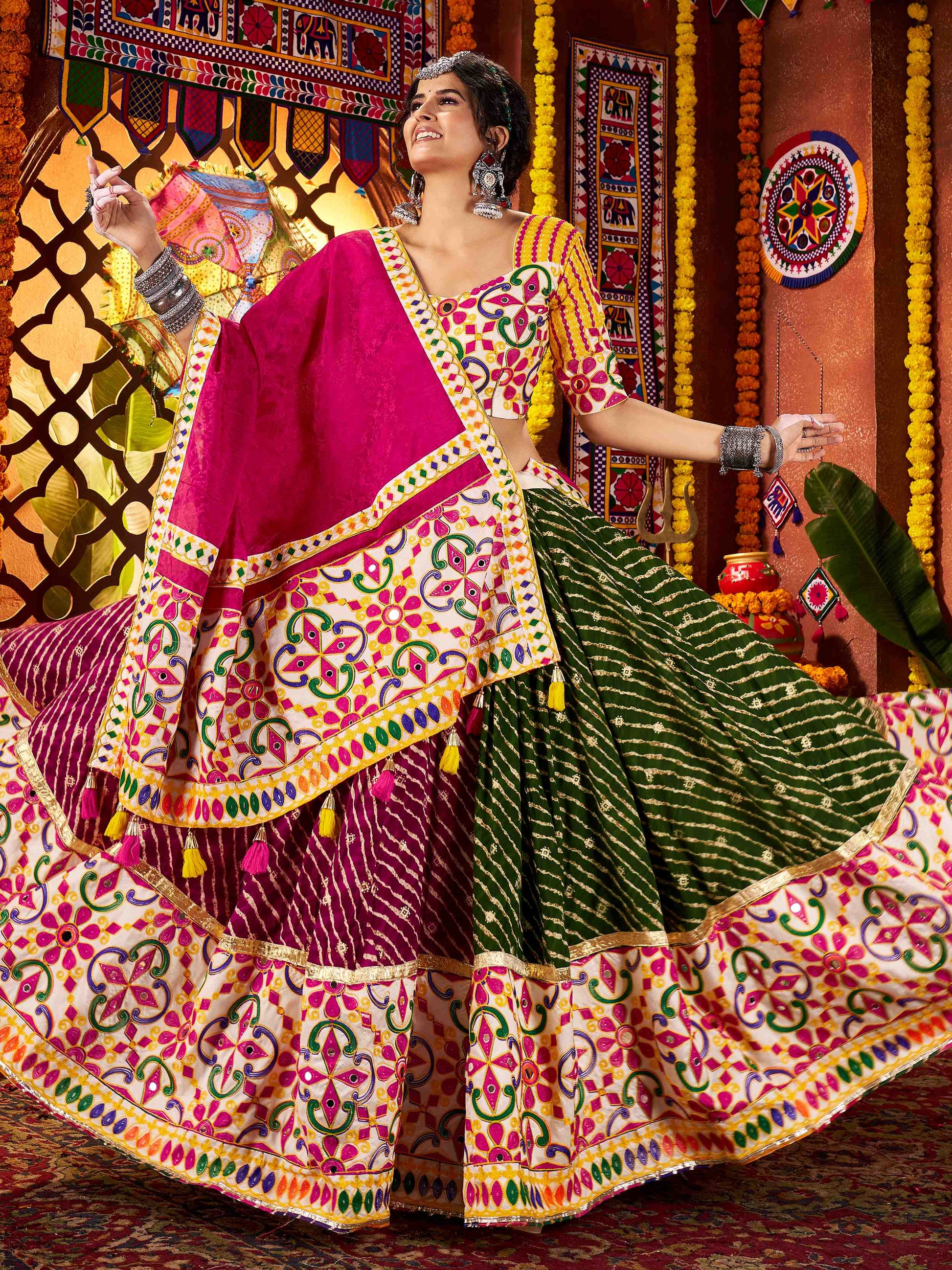 Splendid Multi-Color Thread Embroidery Cotton Navratri Special Lehenga Choli