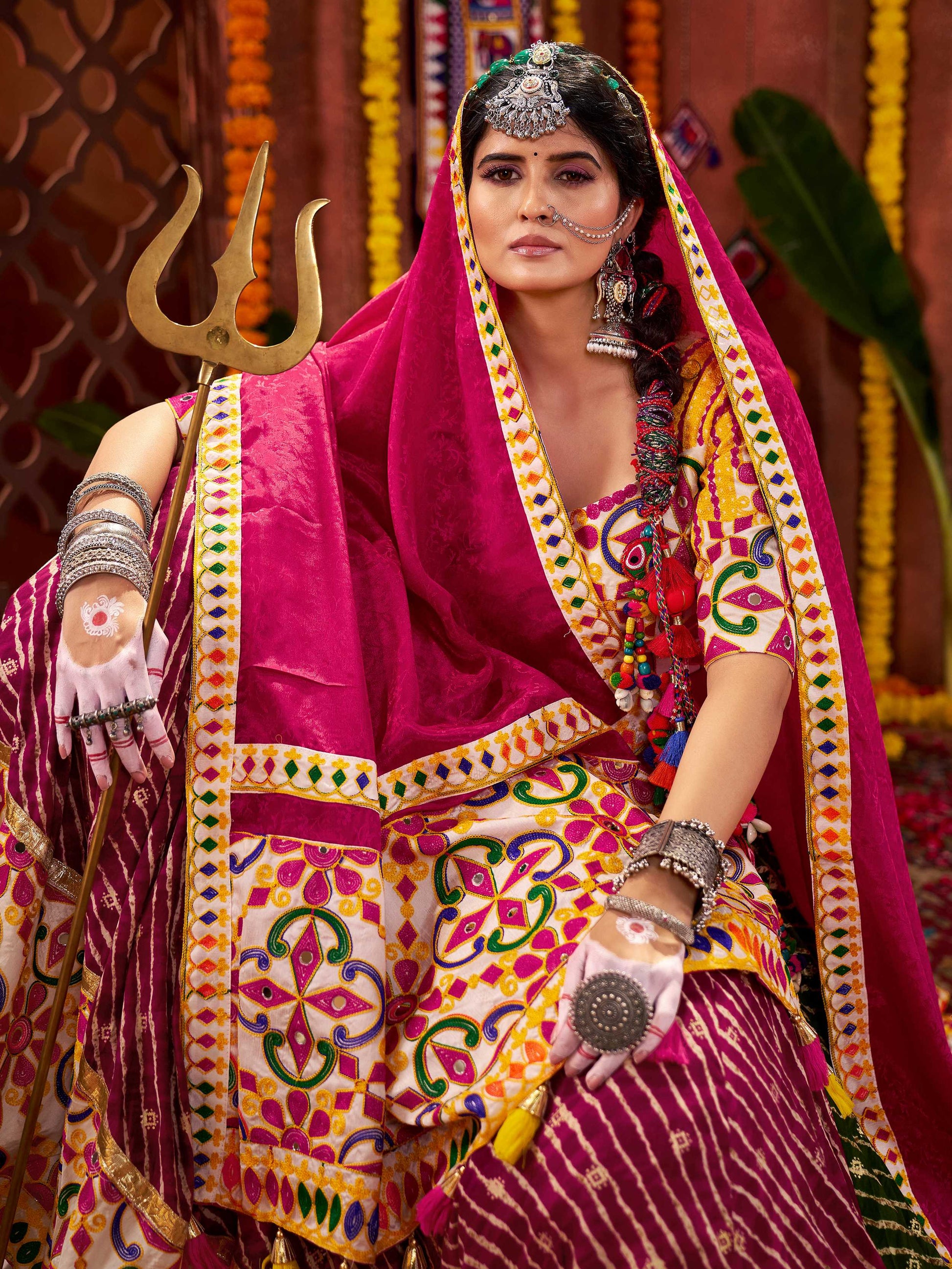 Splendid Multi-Color Thread Embroidery Cotton Navratri Special Lehenga Choli