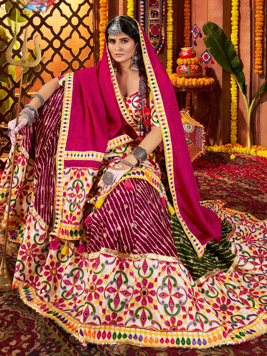 Splendid Multi-Color Thread Embroidery Cotton Navratri Special Lehenga Choli