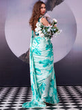 Fantastic Teal Blue Floral Printed Satin Festival Wear Saree With Blouse