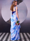 Stunning Sky Blue Floral Printed Satin Event Wear Saree With Blouse
