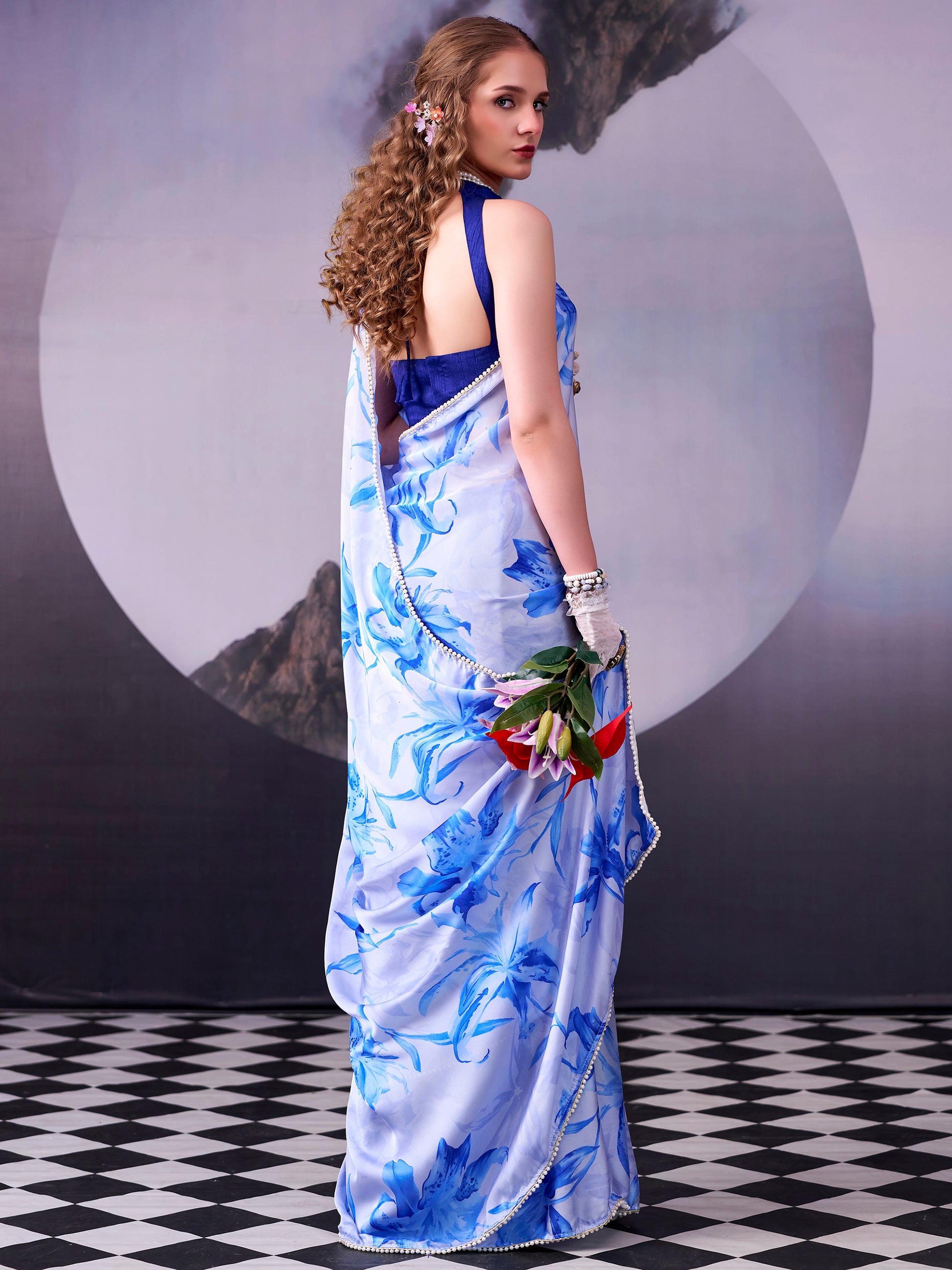 Stunning Sky Blue Floral Printed Satin Event Wear Saree With Blouse