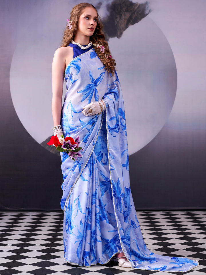 Stunning Sky Blue Floral Printed Satin Event Wear Saree With Blouse