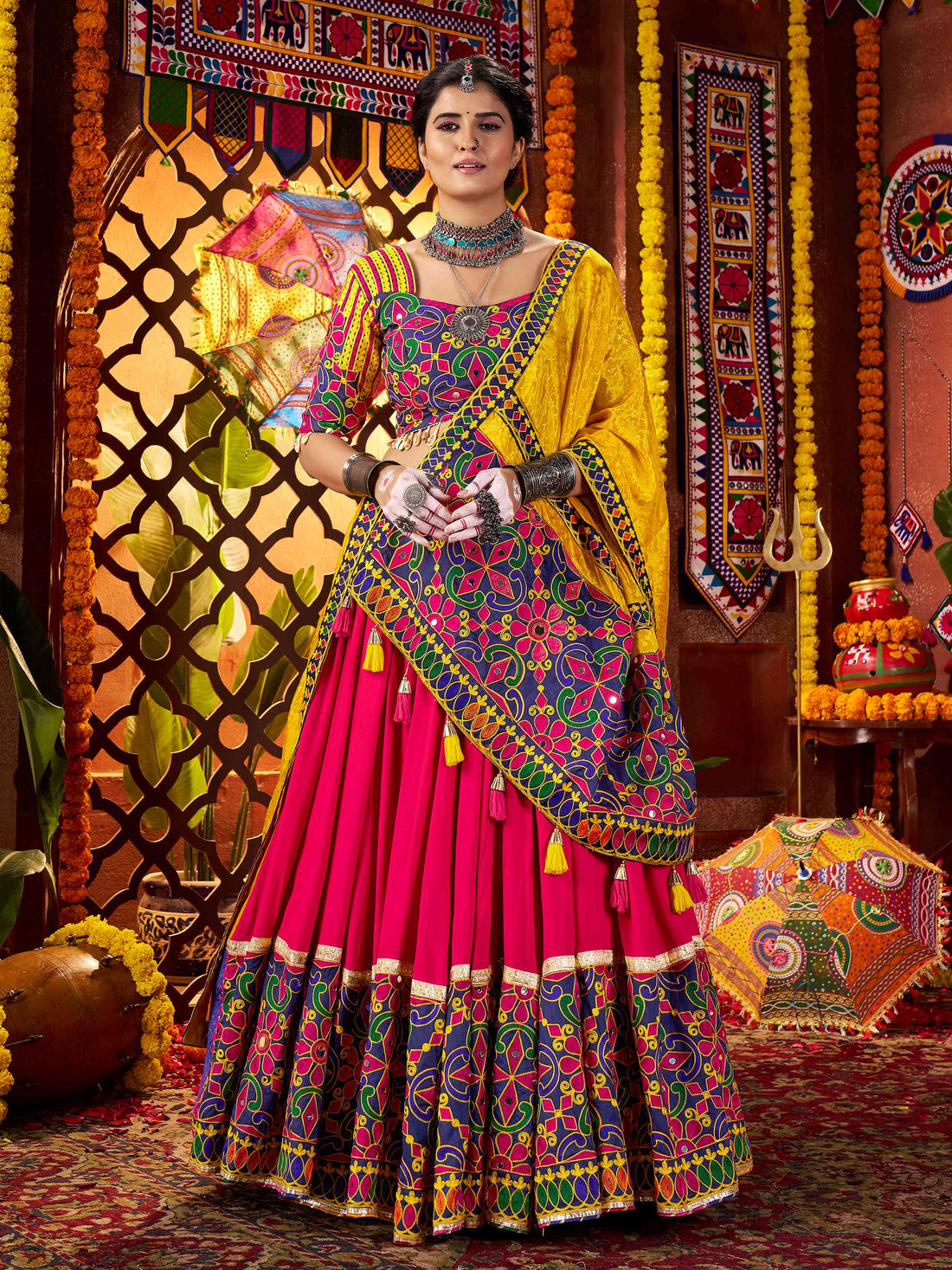 Luxurious Red Mirror Work Cotton Festive Special Lehenga Choli With Dupatta