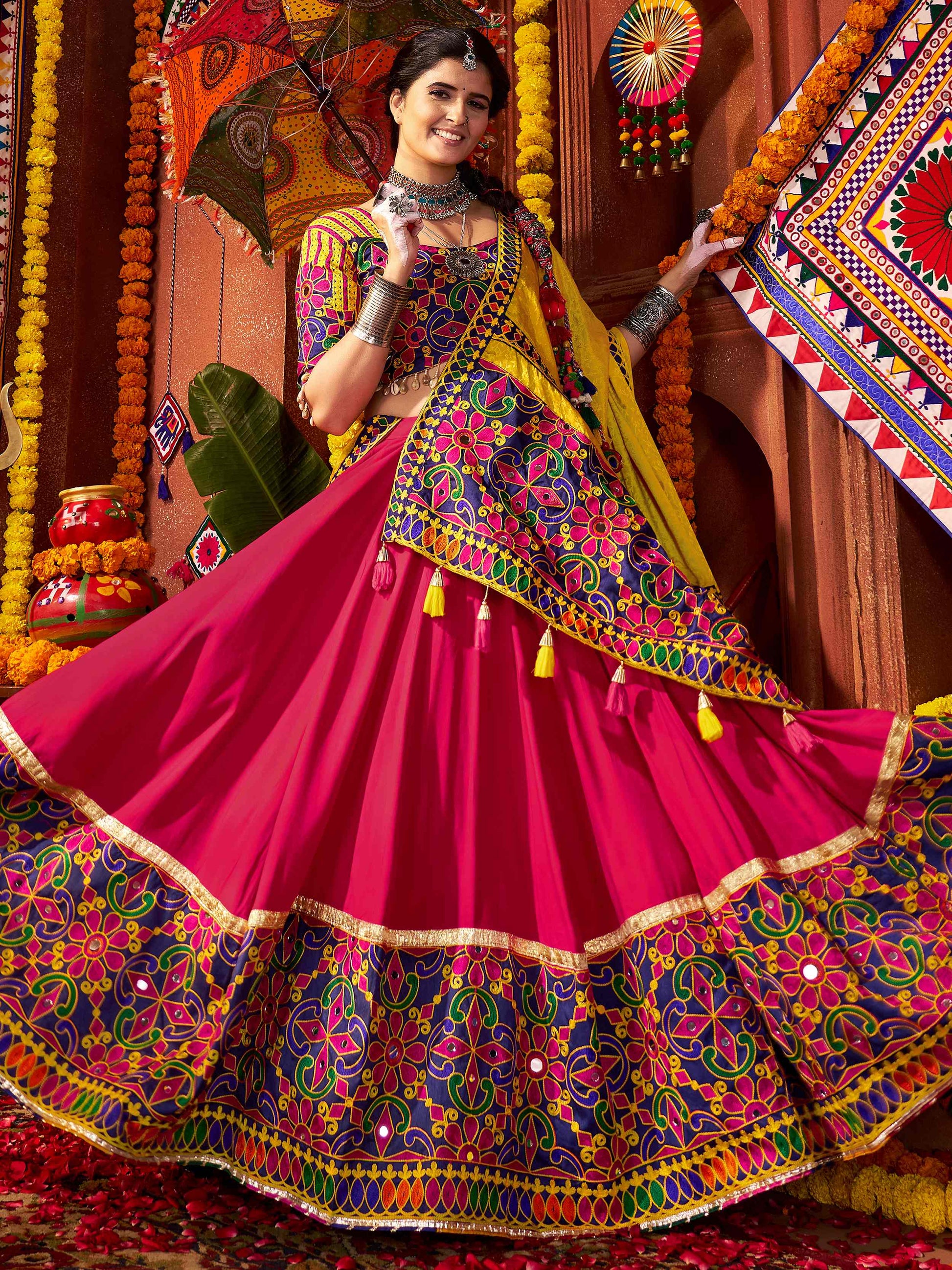 Luxurious Red Mirror Work Cotton Festive Special Lehenga Choli With Dupatta