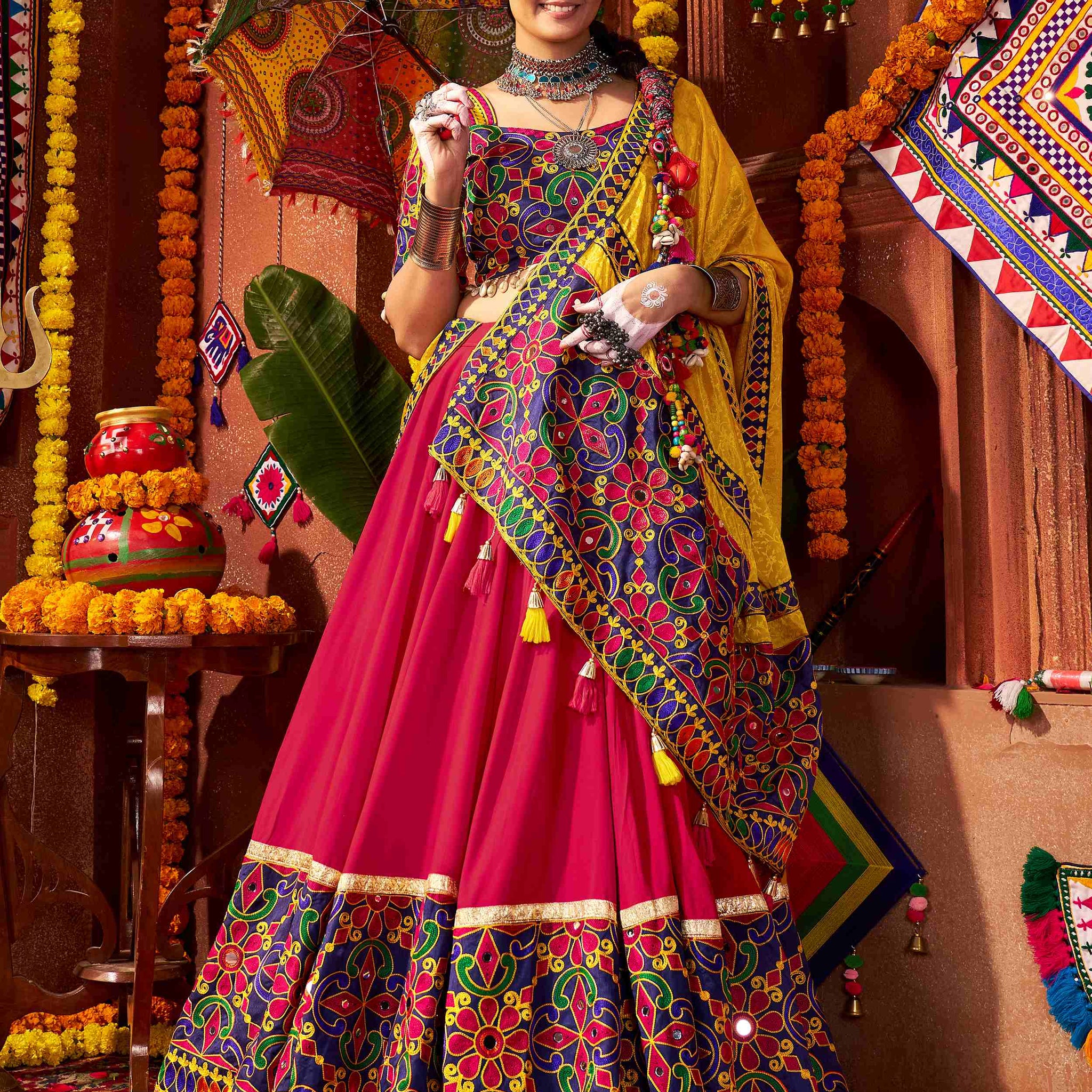 Luxurious Red Mirror Work Cotton Festive Special Lehenga Choli With Dupatta
