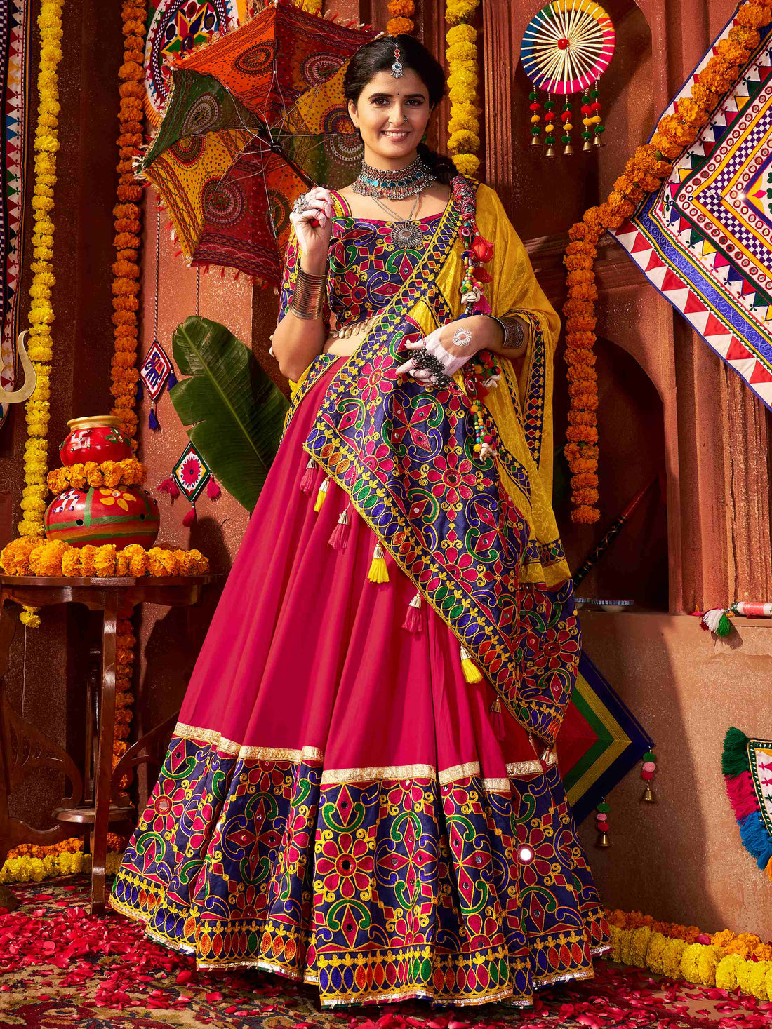 Luxurious Red Mirror Work Cotton Festive Special Lehenga Choli With Dupatta