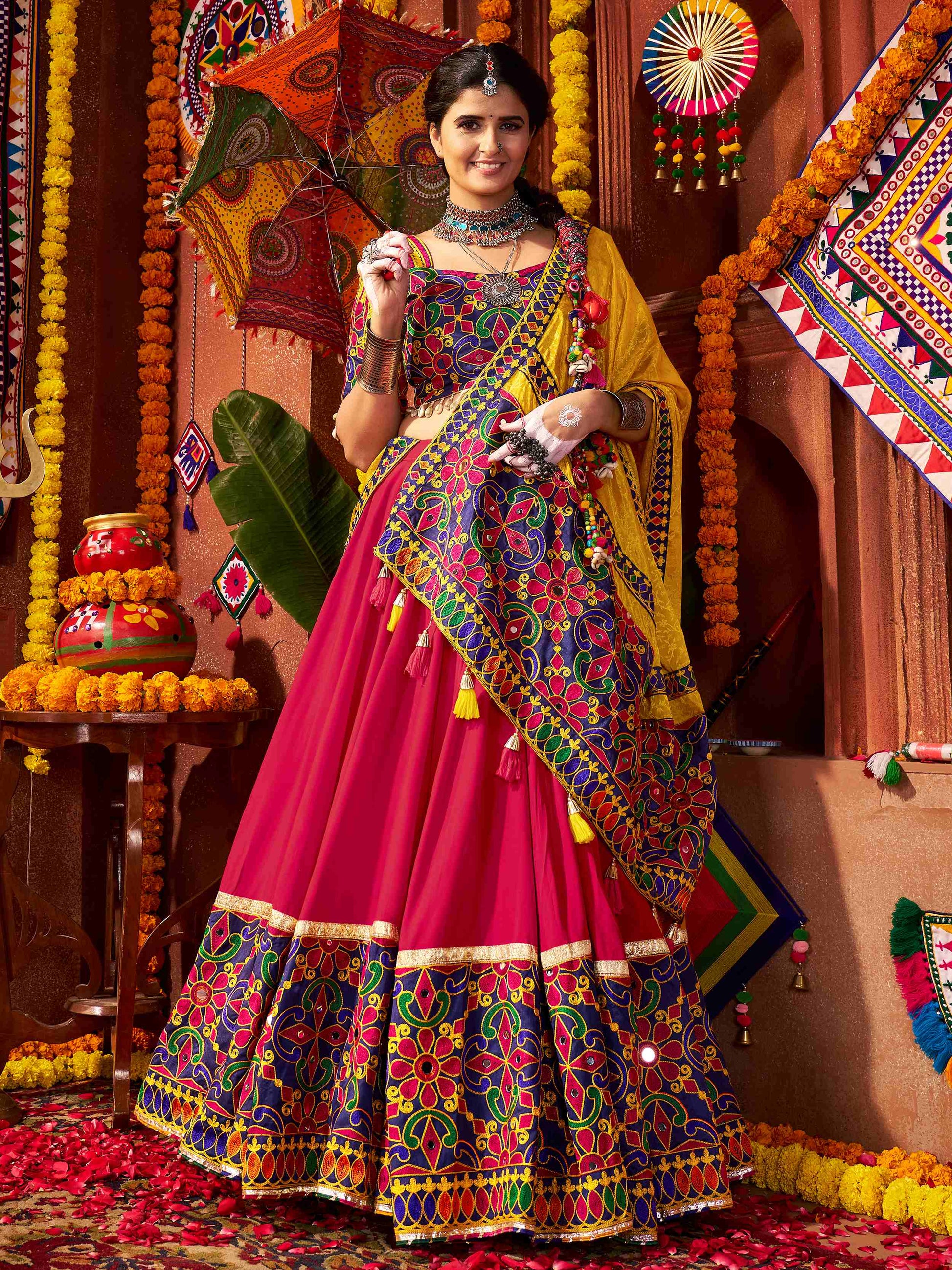 Luxurious Red Mirror Work Cotton Festive Special Lehenga Choli With Dupatta