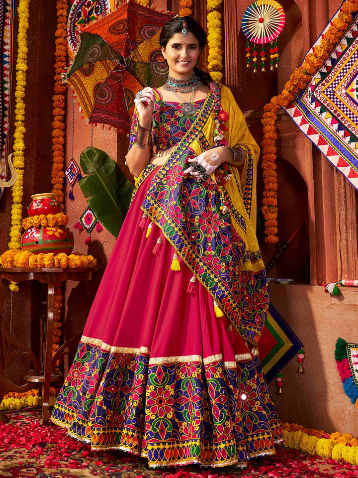 Luxurious Red Mirror Work Cotton Festive Special Lehenga Choli With Dupatta