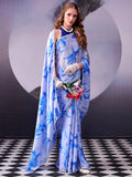 Stunning Sky Blue Floral Printed Satin Event Wear Saree With Blouse