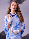 Stunning Sky Blue Floral Printed Satin Event Wear Saree With Blouse