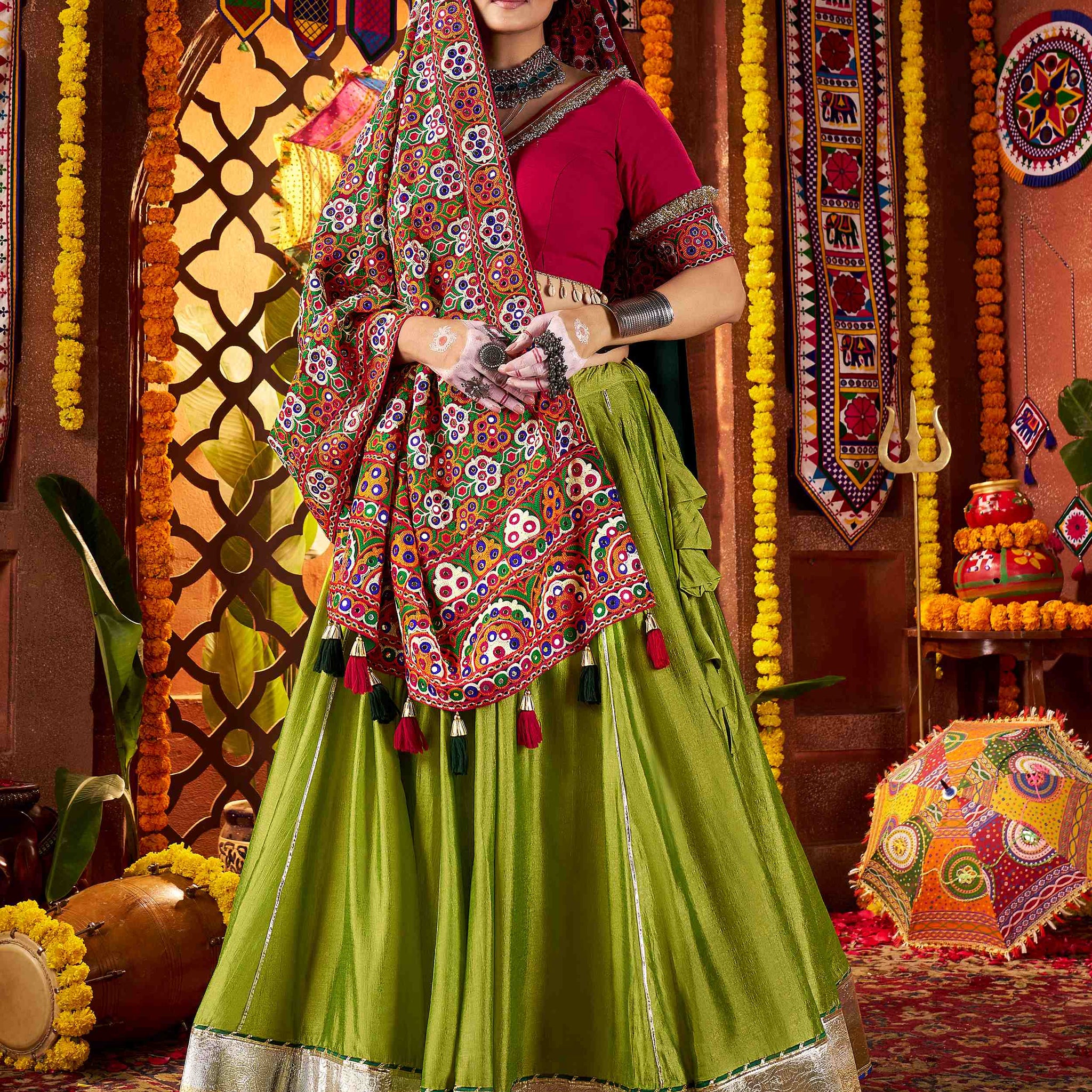 Elegant Green Silk Navratri Wear Lehenga Choli With Thread Work Dupatta