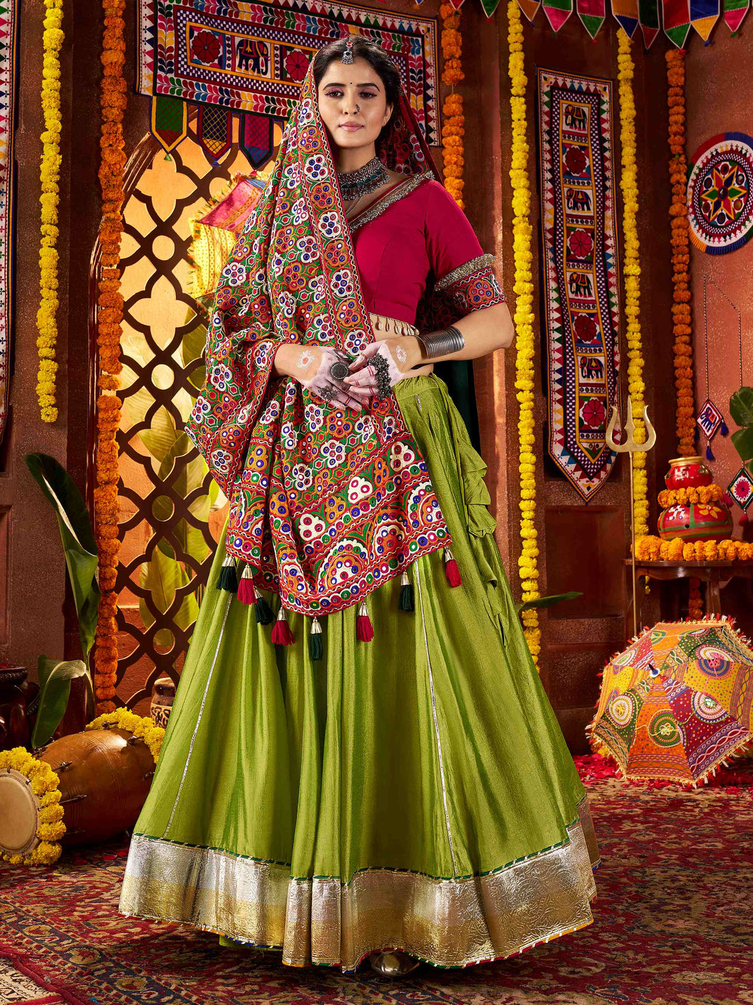 Elegant Green Silk Navratri Wear Lehenga Choli With Thread Work Dupatta