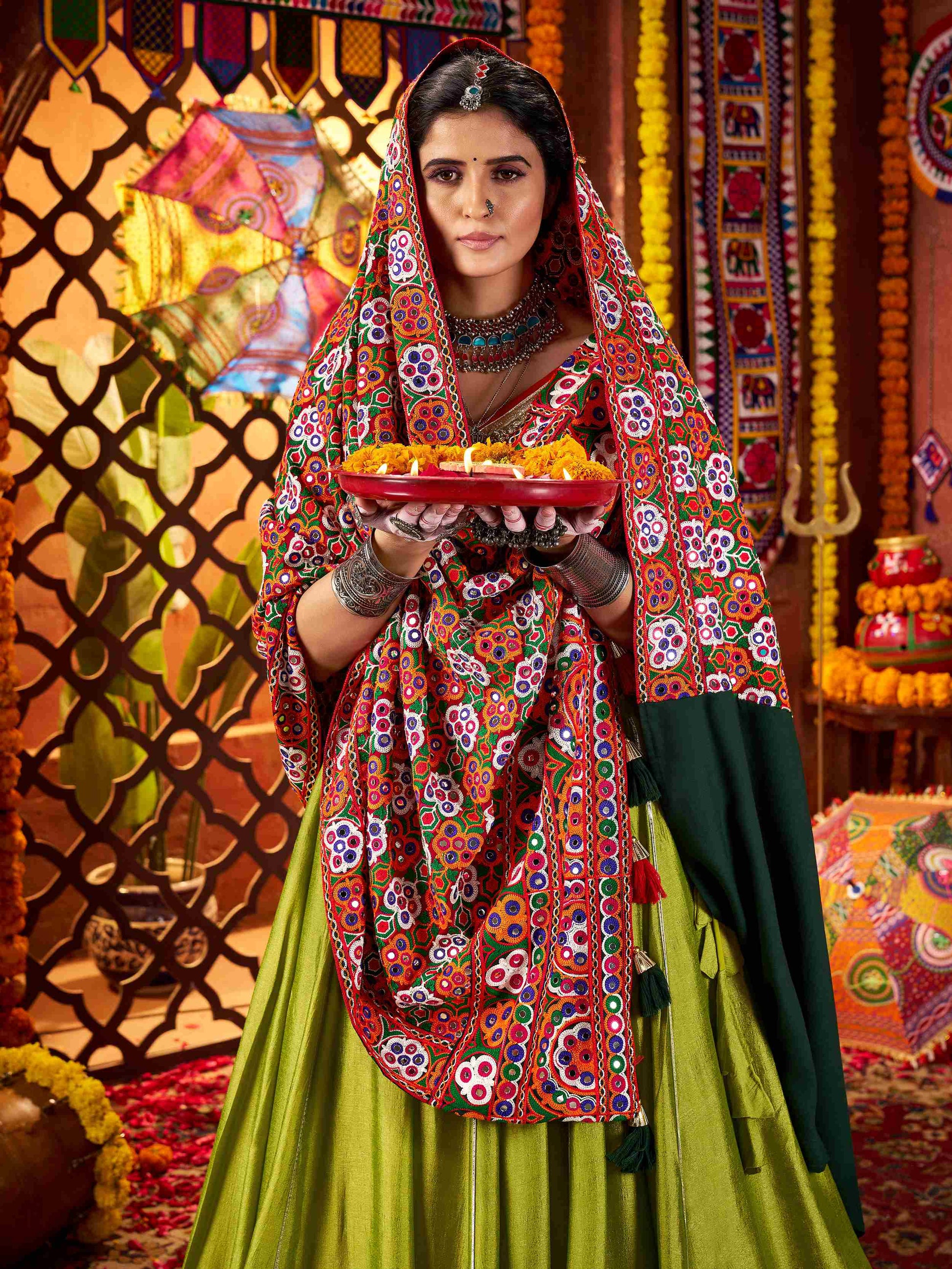 Elegant Green Silk Navratri Wear Lehenga Choli With Thread Work Dupatta
