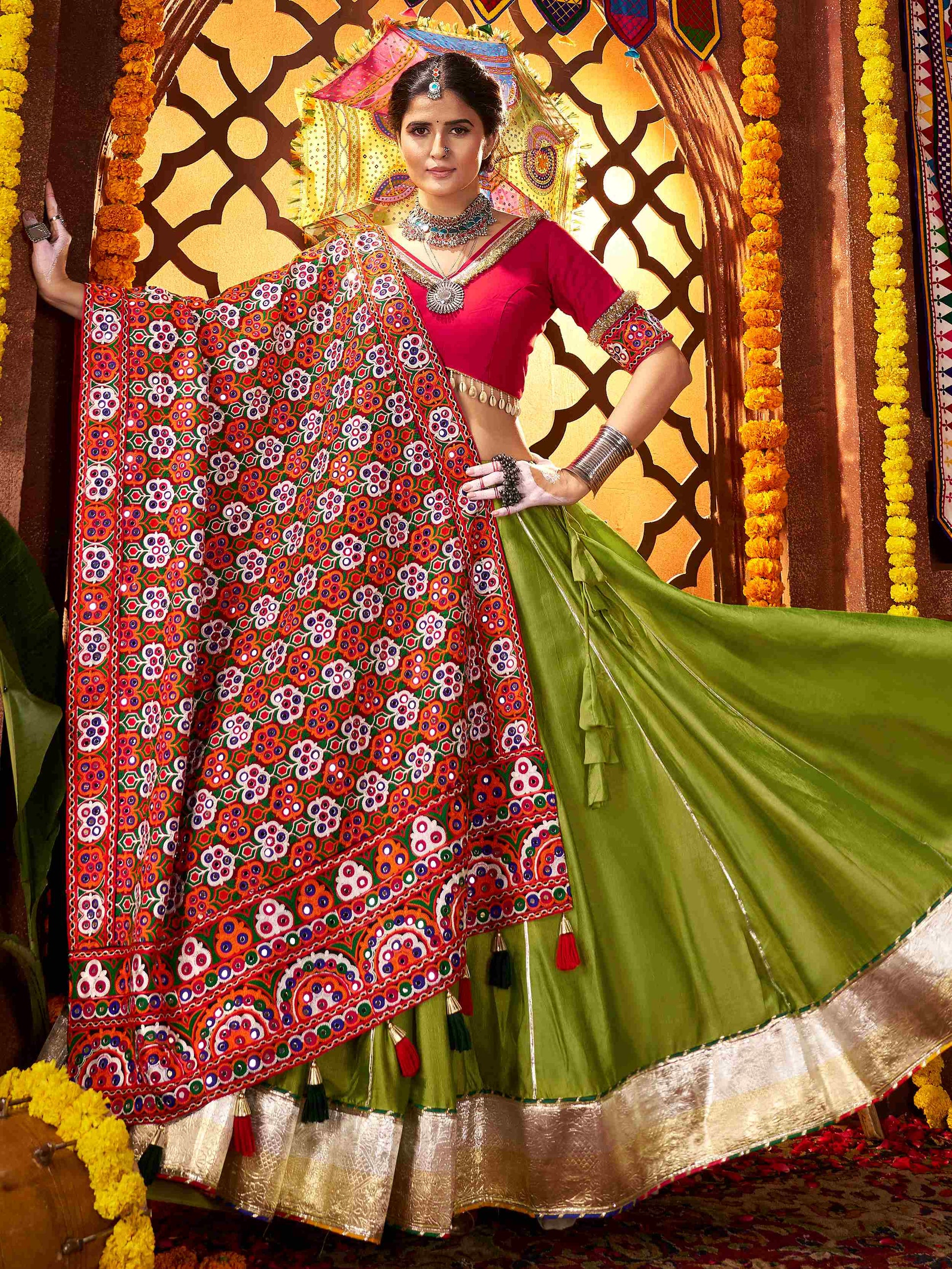 Elegant Green Silk Navratri Wear Lehenga Choli With Thread Work Dupatta