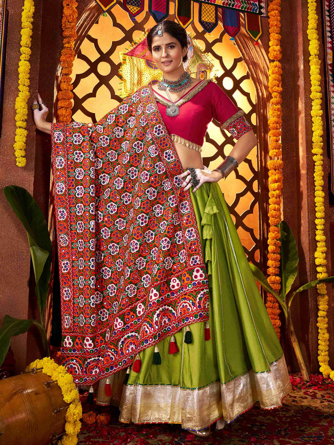 Elegant Green Silk Navratri Wear Lehenga Choli With Thread Work Dupatta