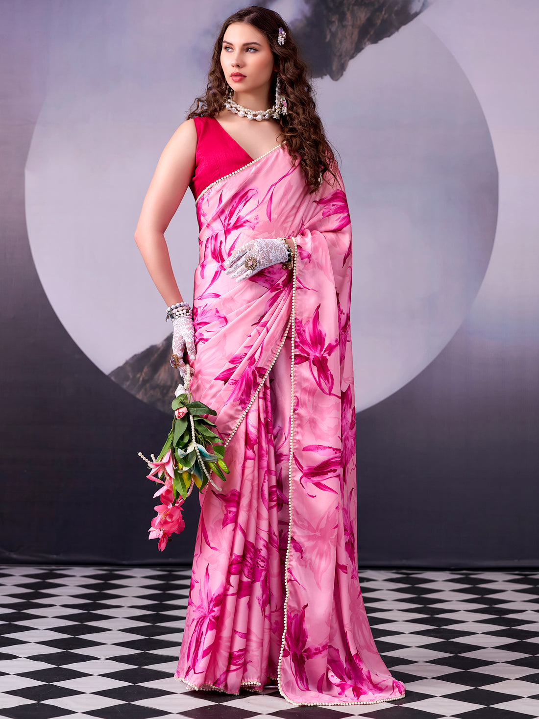 Superb Pink Floral Printed Satin Party Wear Saree With Blouse