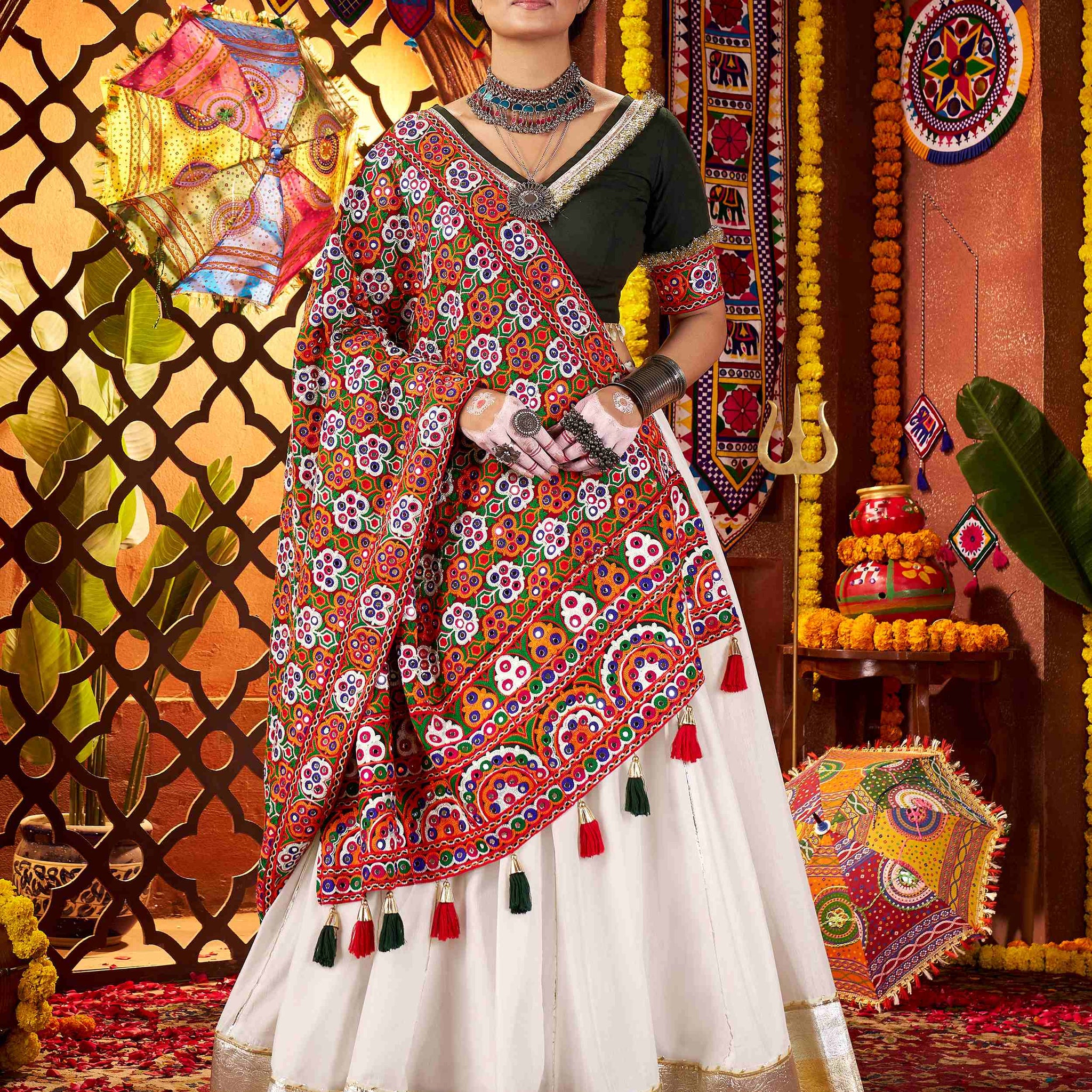 Gorgeous White Lace Work Silk Traditional Lehenga With Blouse
