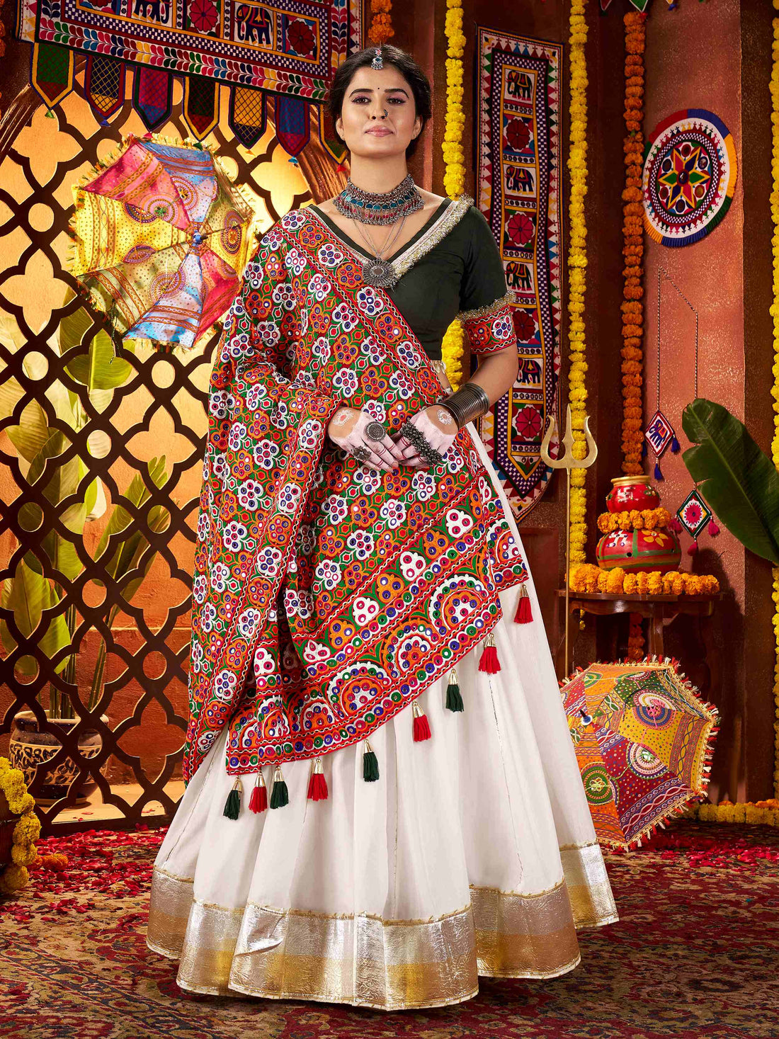 Gorgeous White Lace Work Silk Traditional Lehenga With Blouse