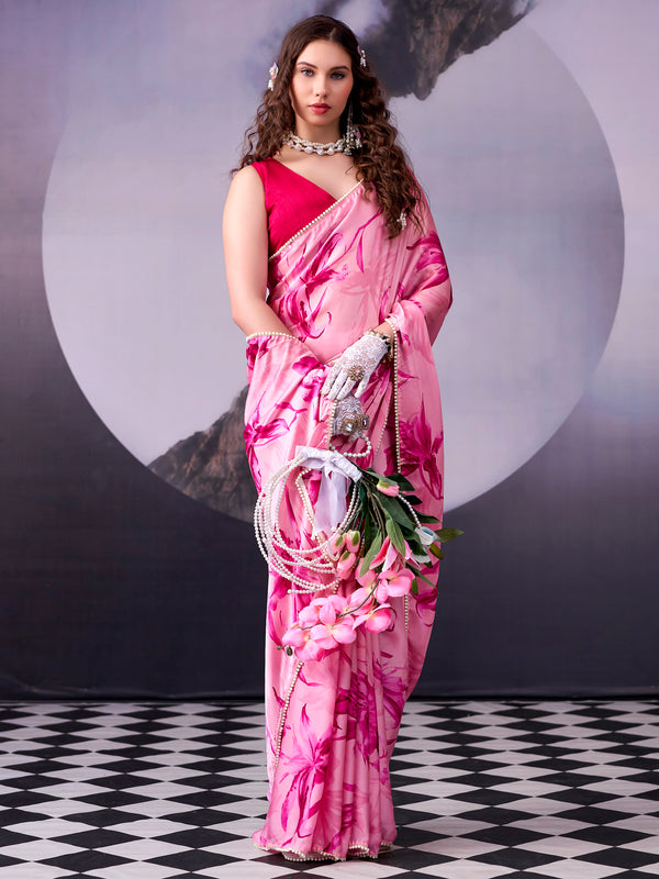 Superb Pink Floral Printed Satin Party Wear Saree With Blouse