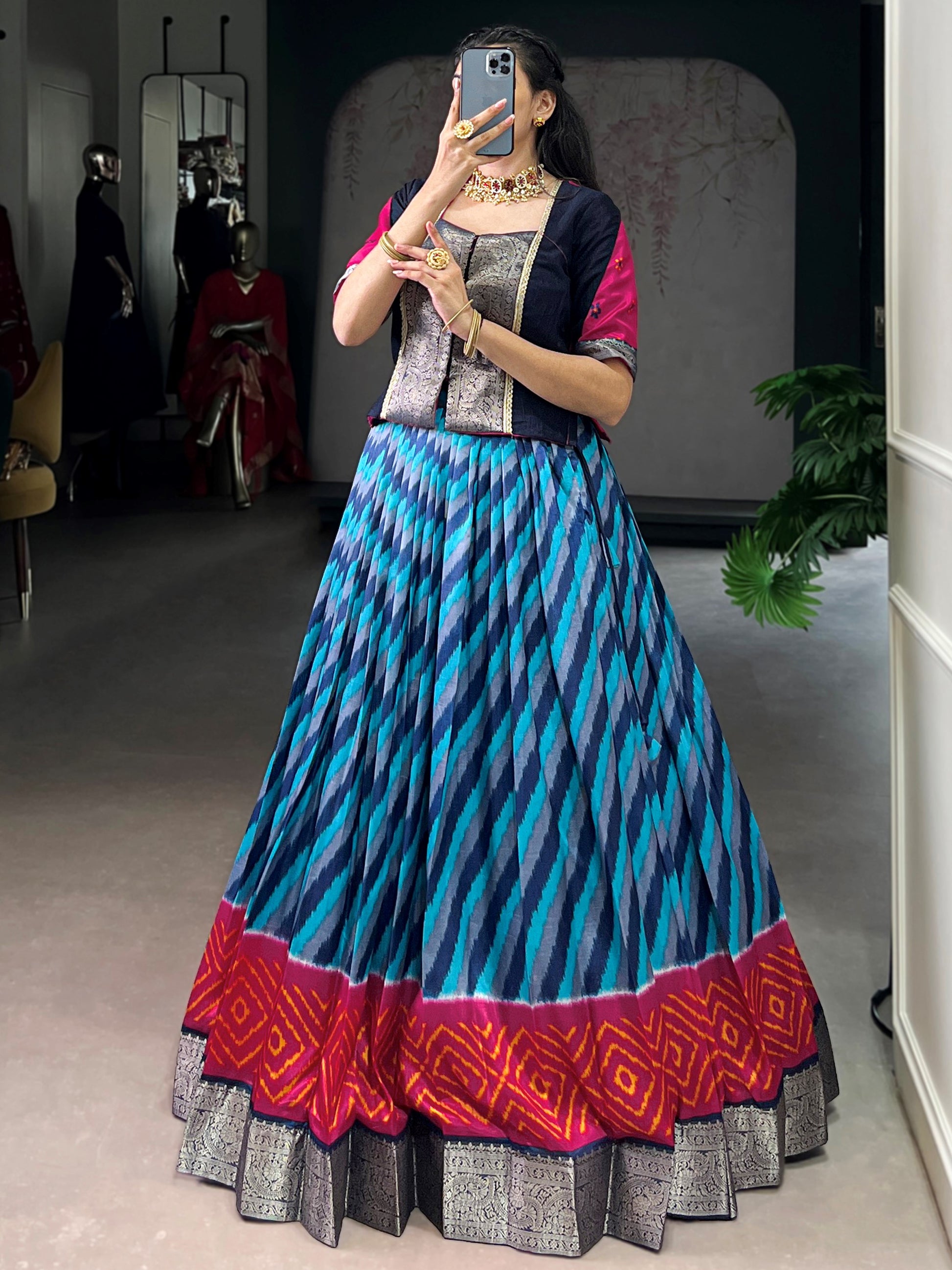 Alluring Blue Leheriya Printed Silk Festival Wear Lehenga Choli