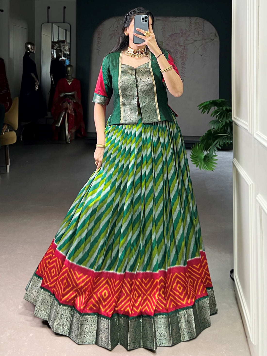 Glamorous Green Zari Weaving Silk Festival Wear Lehenga Choli