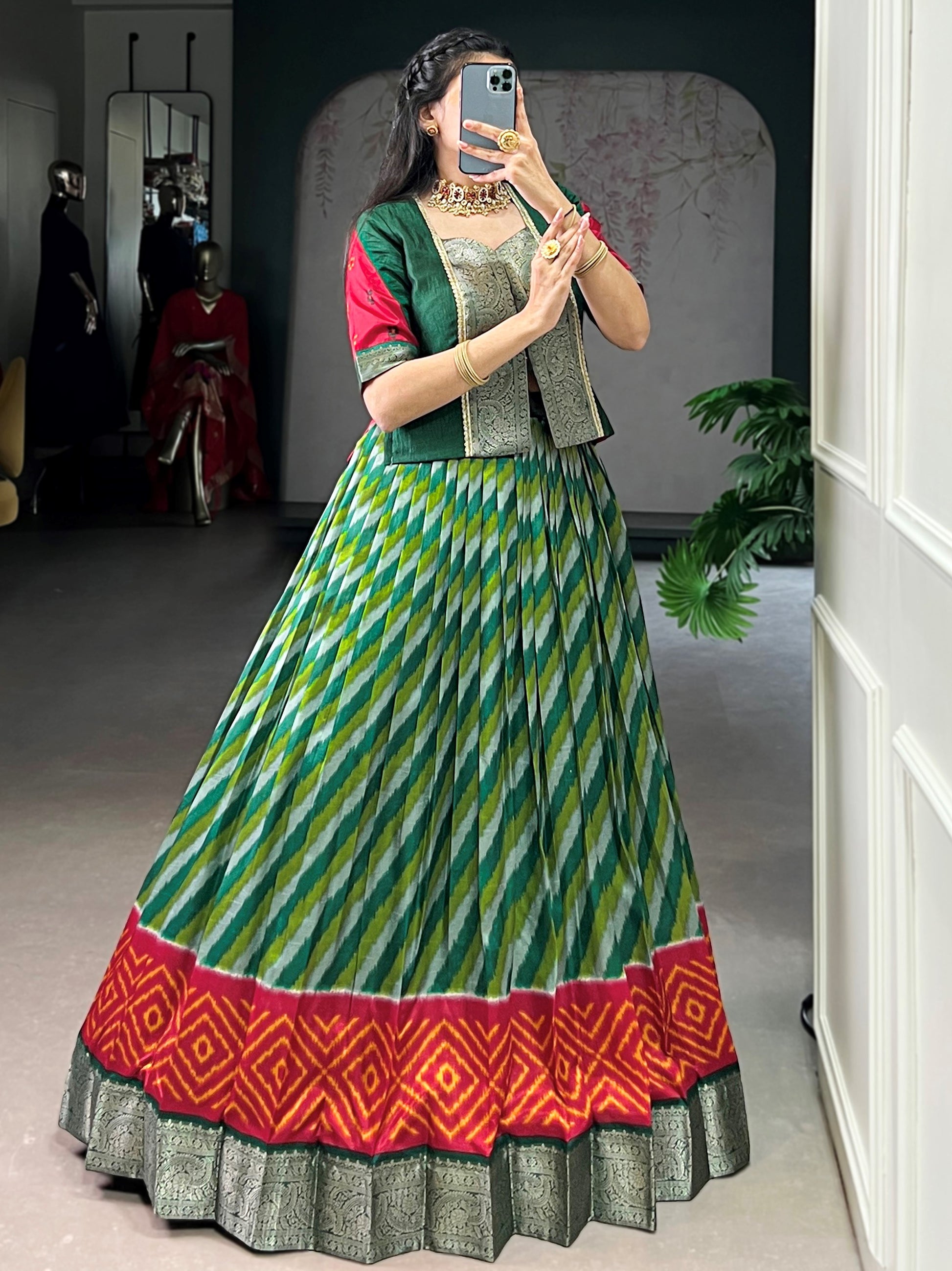 Glamorous Green Zari Weaving Silk Festival Wear Lehenga Choli