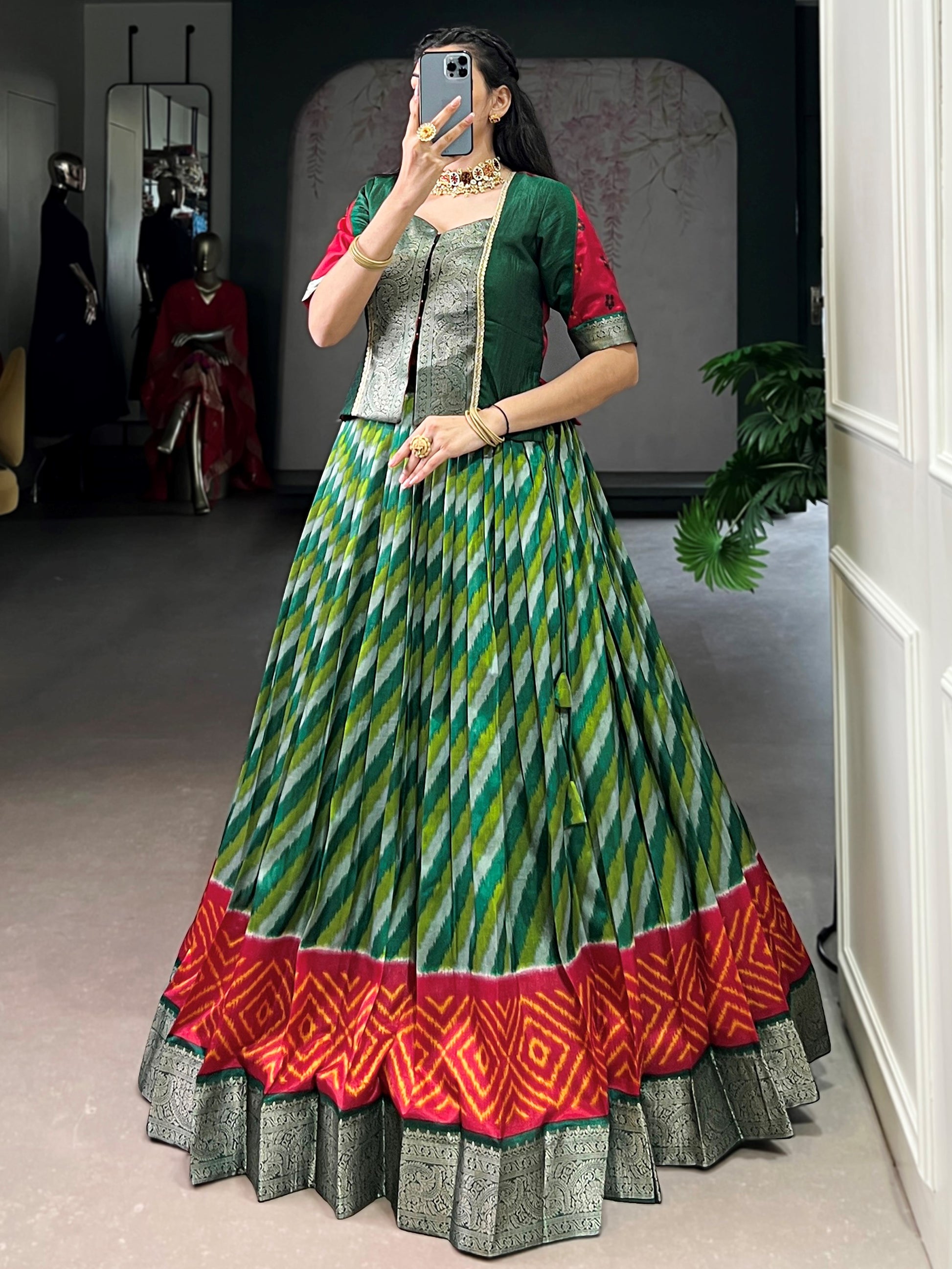 Glamorous Green Zari Weaving Silk Festival Wear Lehenga Choli