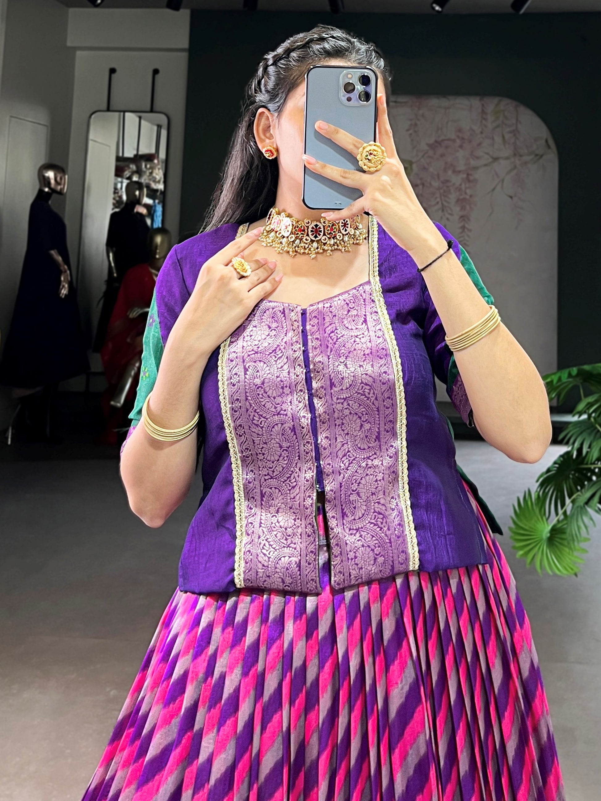 Captivating Purple Leheriya Printed Silk Festival Wear Lehenga Choli