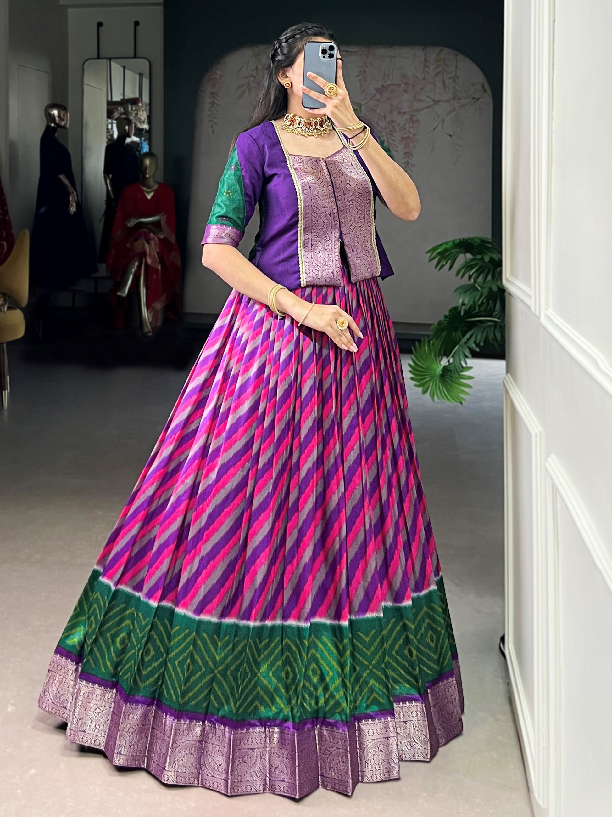 Captivating Purple Leheriya Printed Silk Festival Wear Lehenga Choli