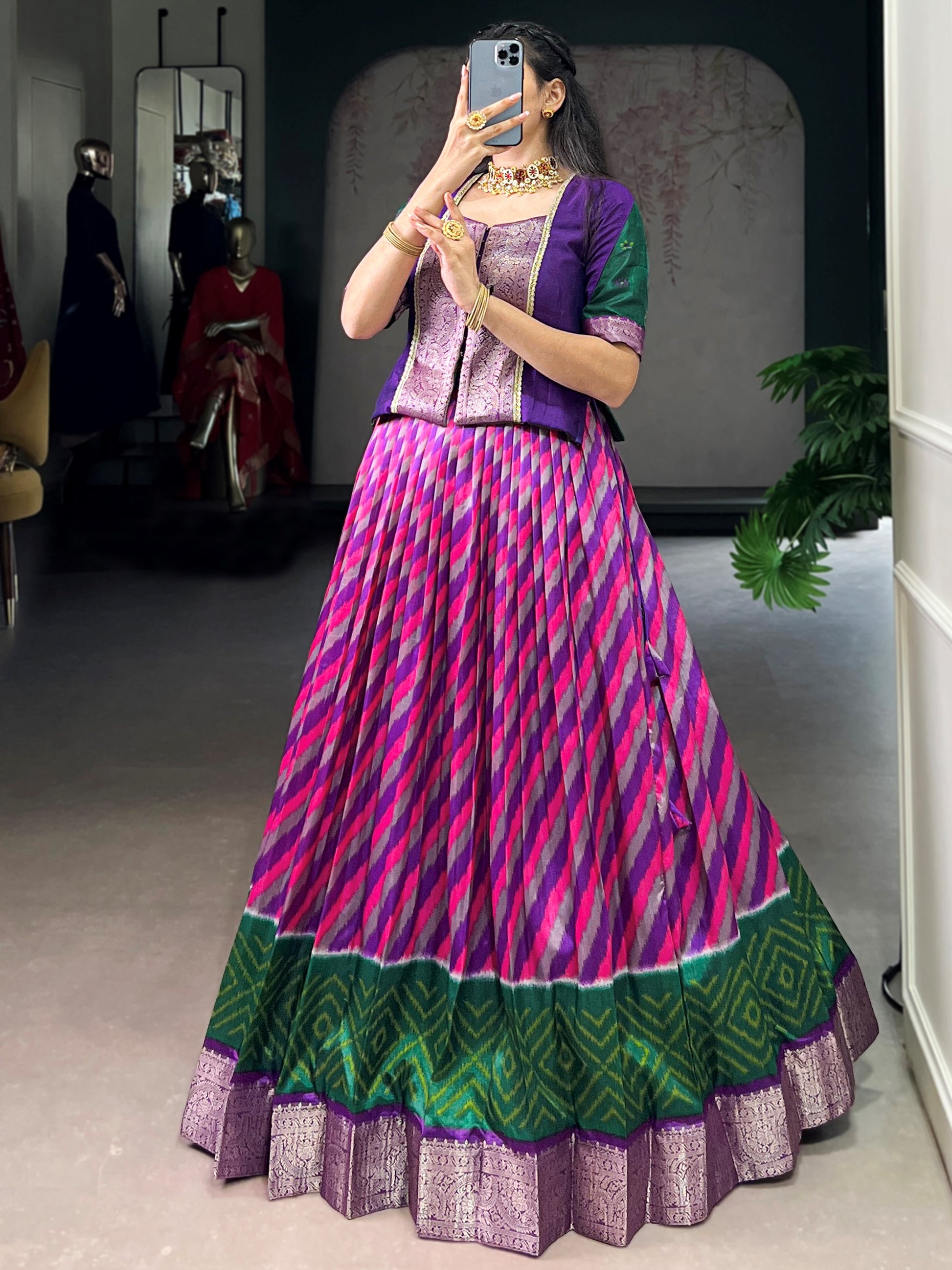 Captivating Purple Leheriya Printed Silk Festival Wear Lehenga Choli