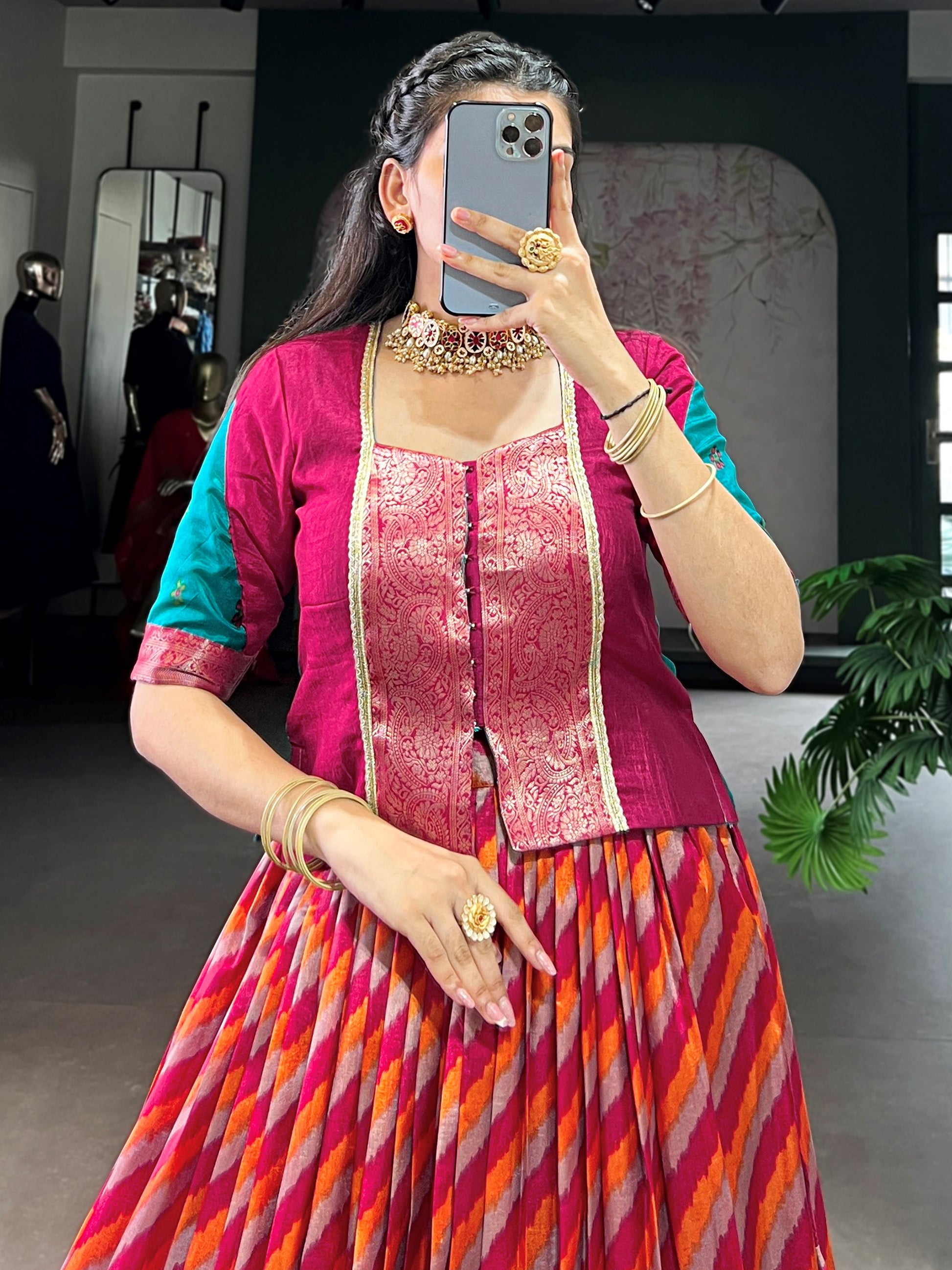 Outstanding Red Leheriya Printed Silk Festival Wear Lehenga Choli