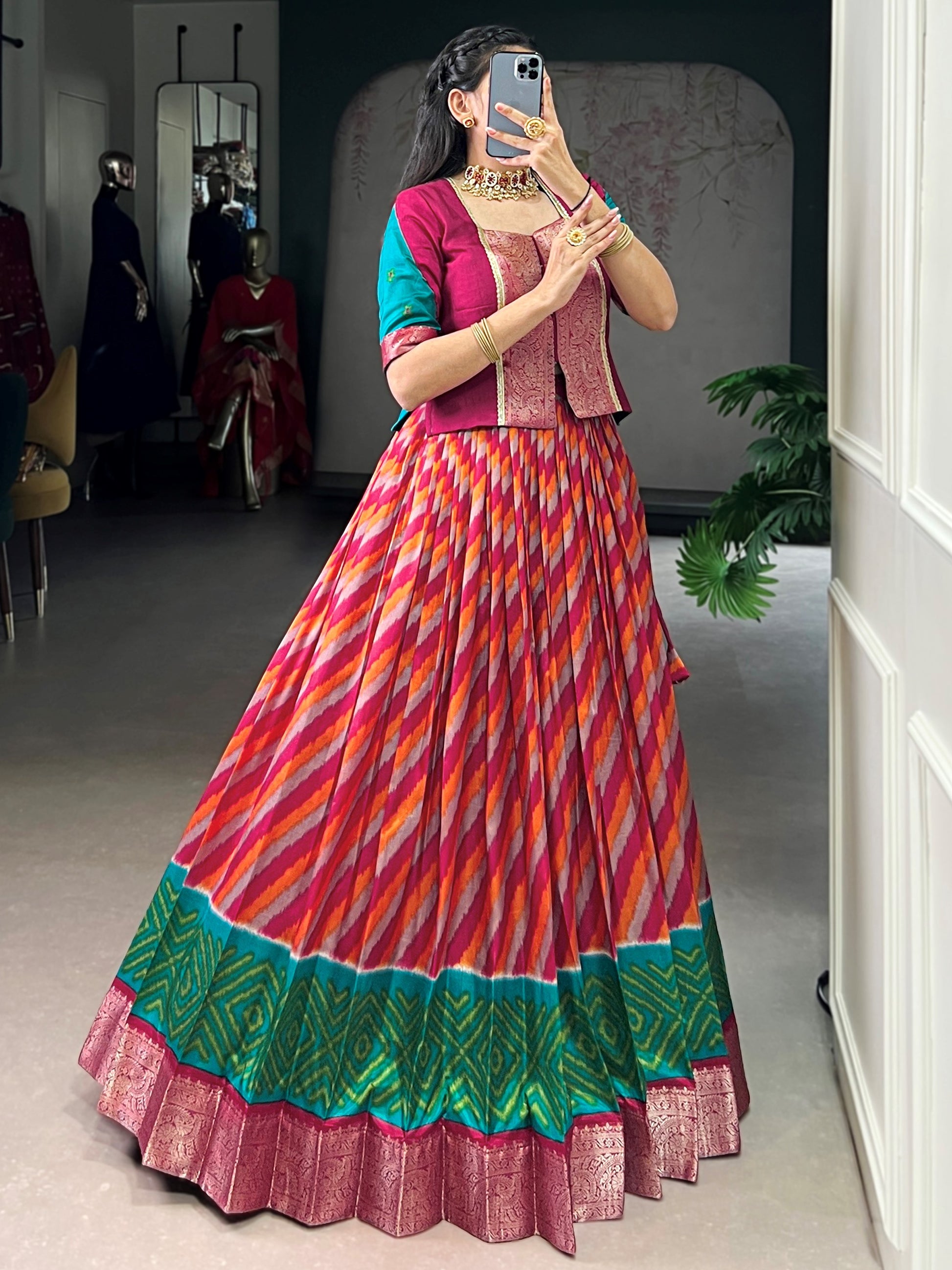 Outstanding Red Leheriya Printed Silk Festival Wear Lehenga Choli