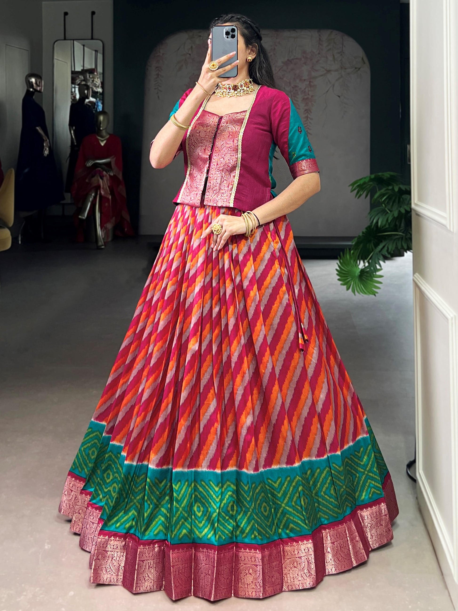 Outstanding Red Leheriya Printed Silk Festival Wear Lehenga Choli