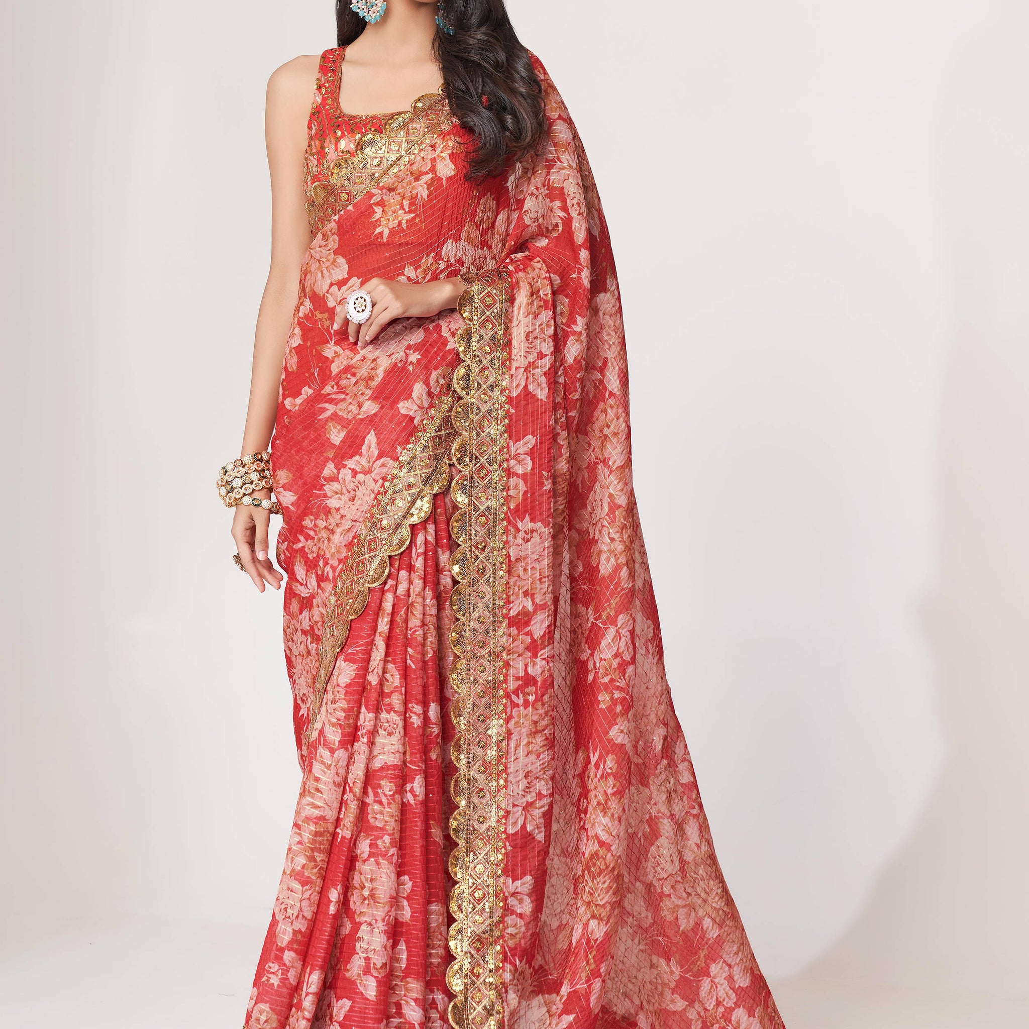 Gorgeous Red Floral Print Organza Wedding Wear Saree With Blouse