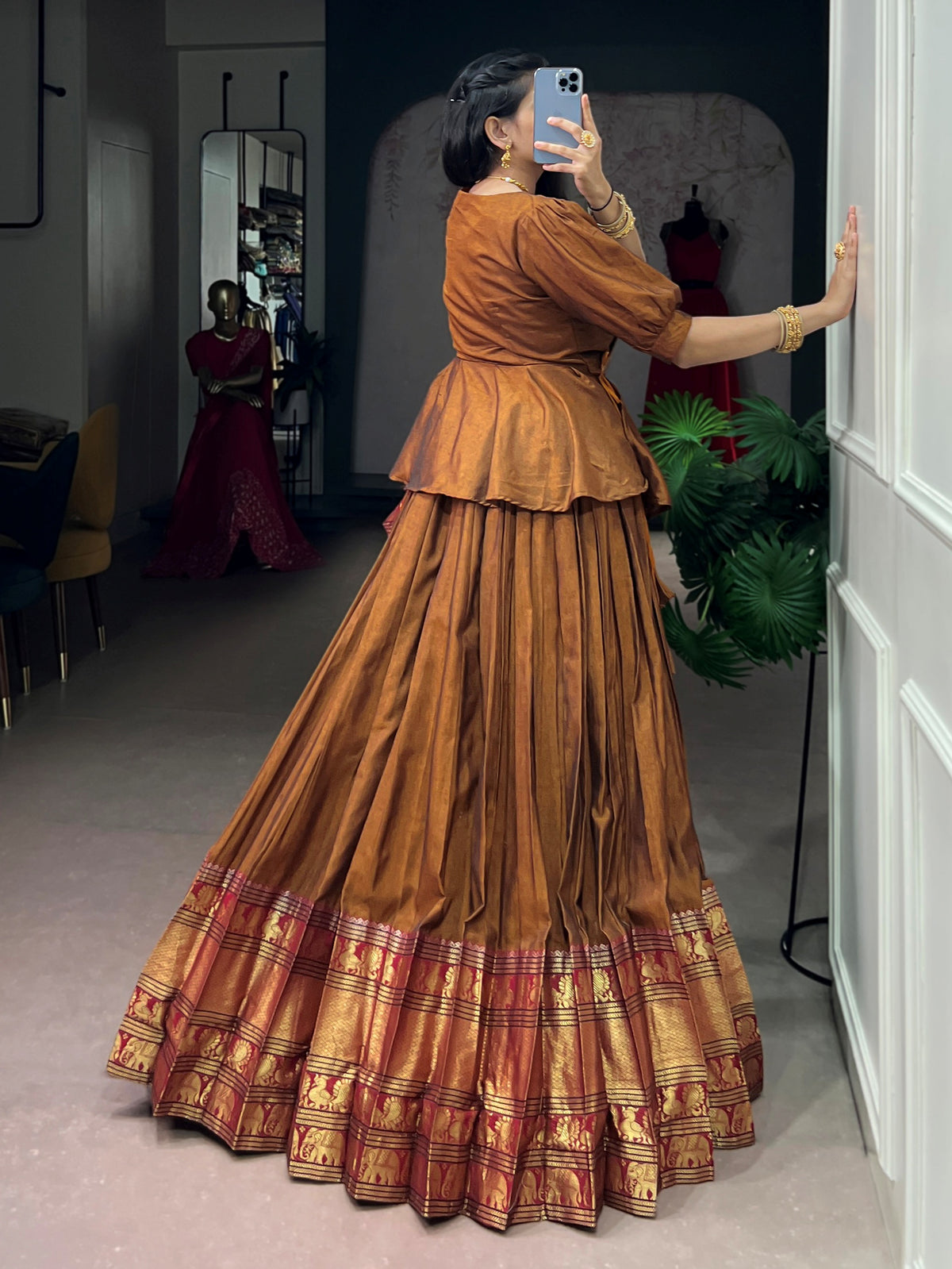 Lovely Brown Zari Weaving Cotton Festive Wear Crop Top Lehenga