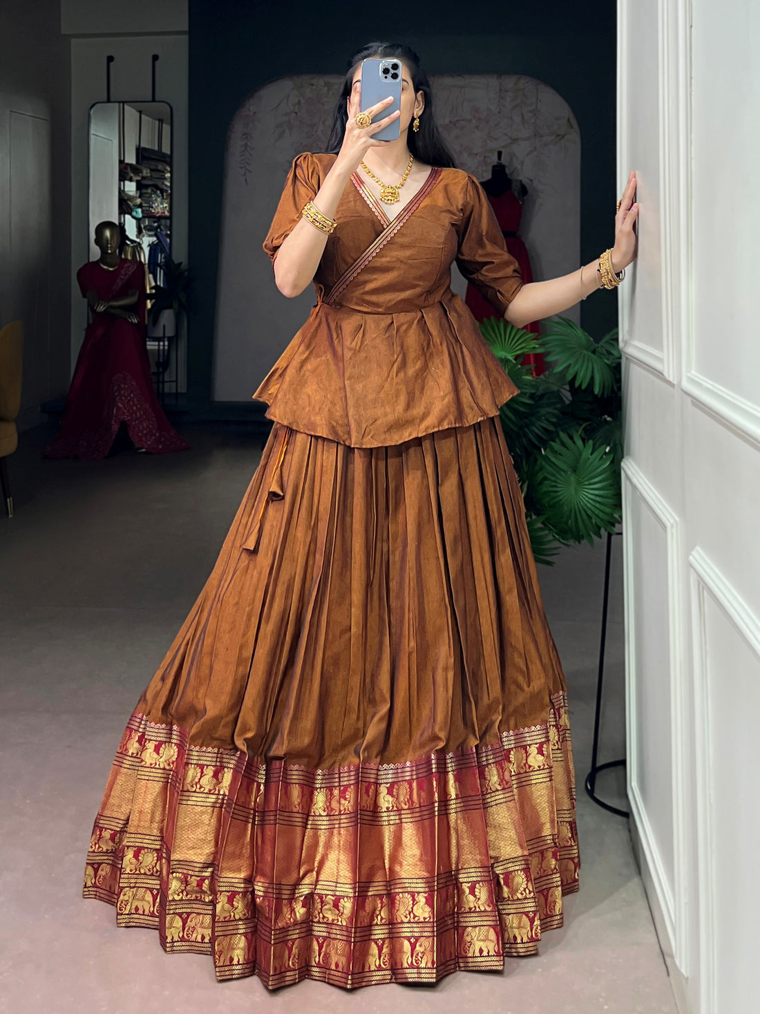 Lovely Brown Zari Weaving Cotton Festive Wear Crop Top Lehenga