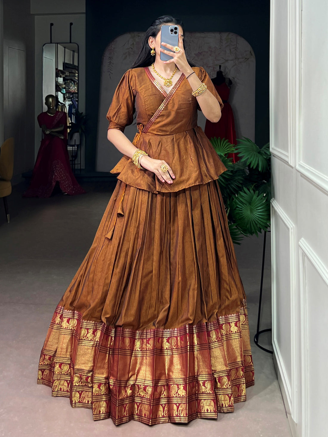Lovely Brown Zari Weaving Cotton Festive Wear Crop Top Lehenga