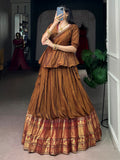 Lovely Brown Zari Weaving Cotton Festive Wear Crop Top Lehenga