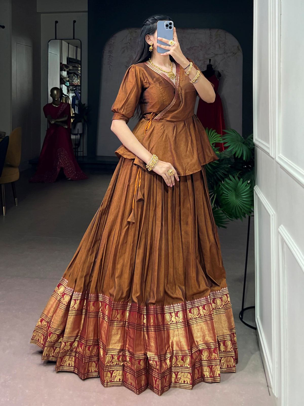 Lovely Brown Zari Weaving Cotton Festive Wear Crop Top Lehenga